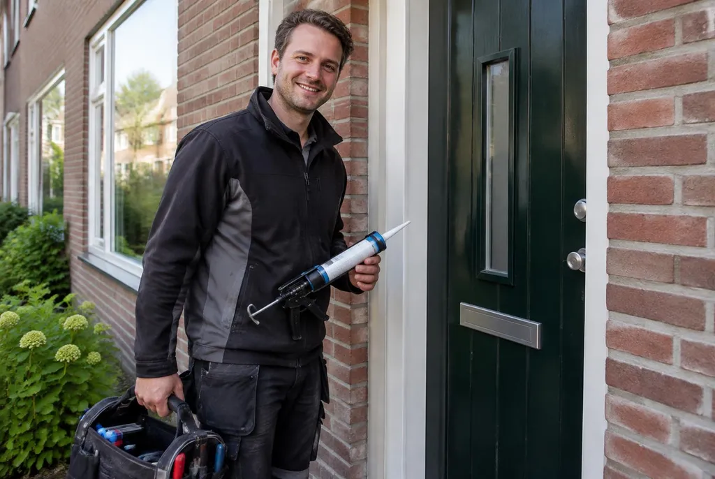 Vakman van Kitbedrijf Uitgeest bij de voordeur van een woning